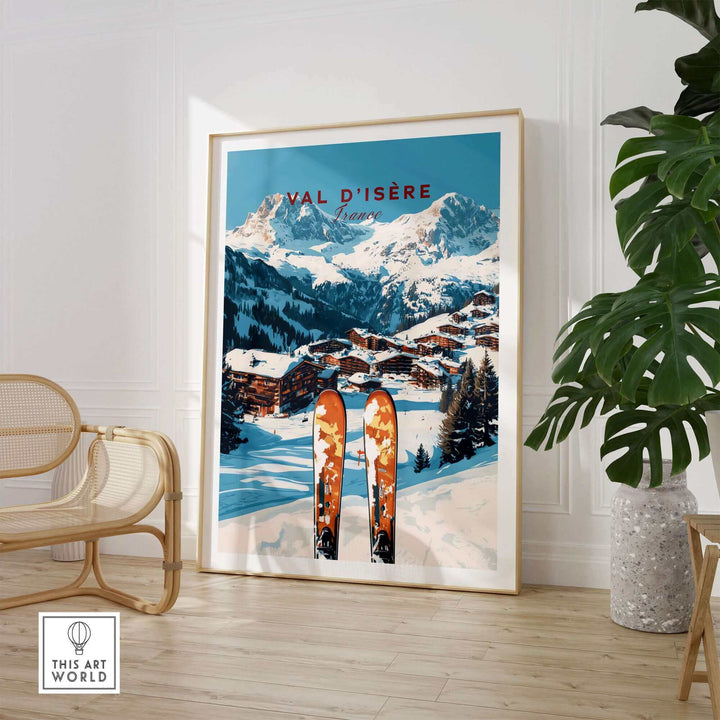 Val-d'Isère ski print featuring snowy mountains and skis, framed artwork in a stylish room with modern decor elements.