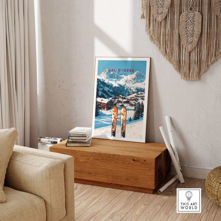 Stylish Val-d'Isère ski print displayed in a cozy living room setting with wooden decor and soft lighting.