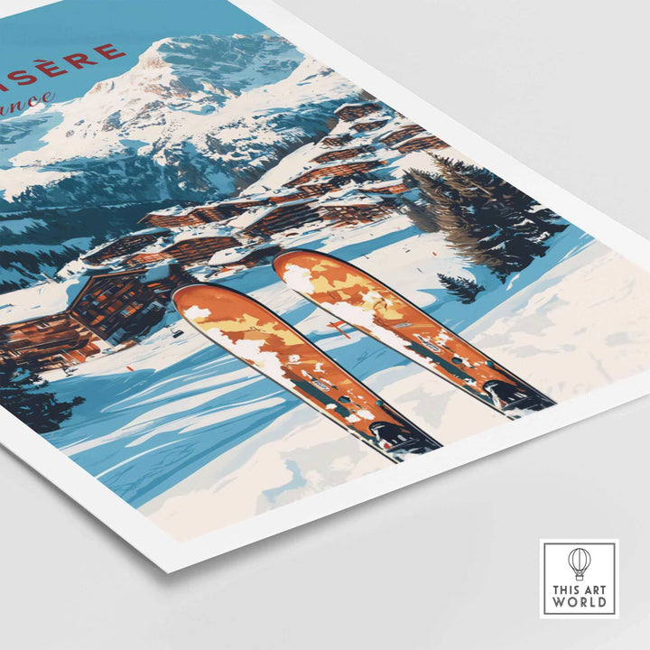 Val-d'Isère ski print featuring orange skis, snowy mountains, and alpine village, capturing the essence of winter sports.