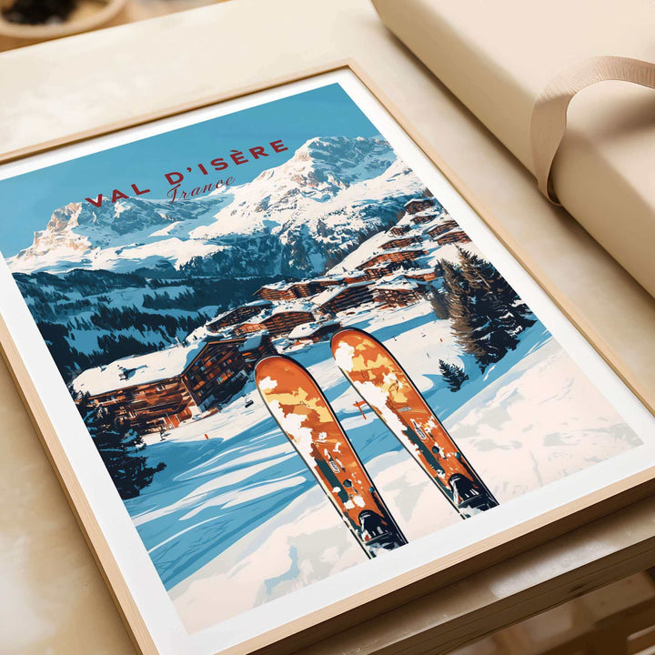 Retro Val-d'Isère ski print with vibrant mountains and vintage skis, perfect wall art for ski enthusiasts and home decor in France.