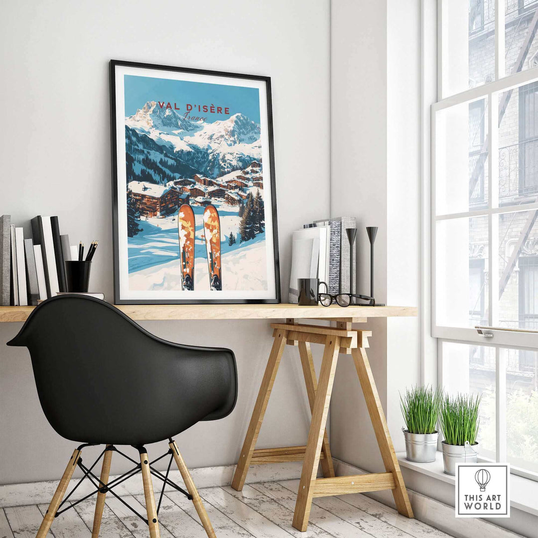 Val-d'Isère ski print displayed in modern home office with elegant black chair and wooden desk, adding a touch of winter charm.