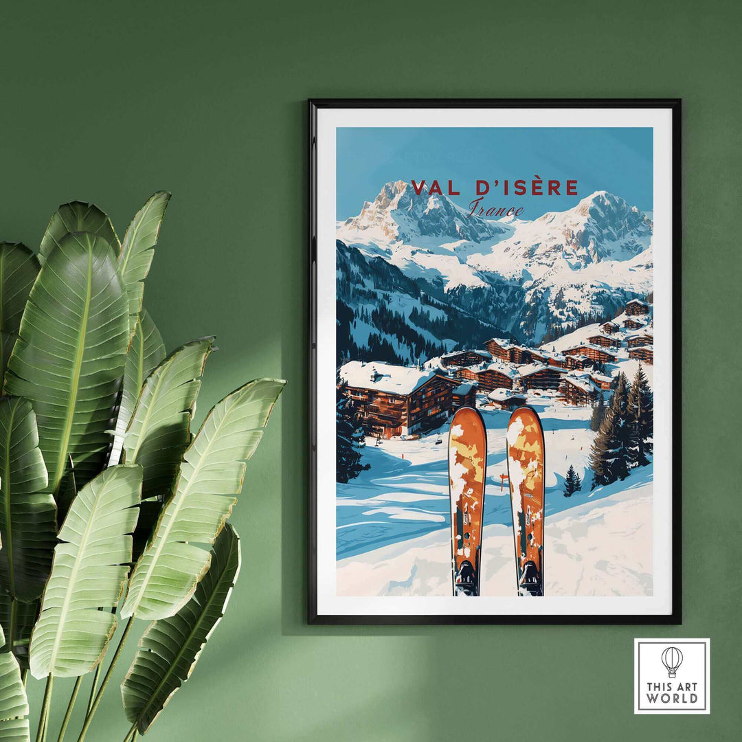 Val-d'Isère ski print featuring snowy mountains and skis, with rustic alpine village, perfect art for ski lovers' home decor.