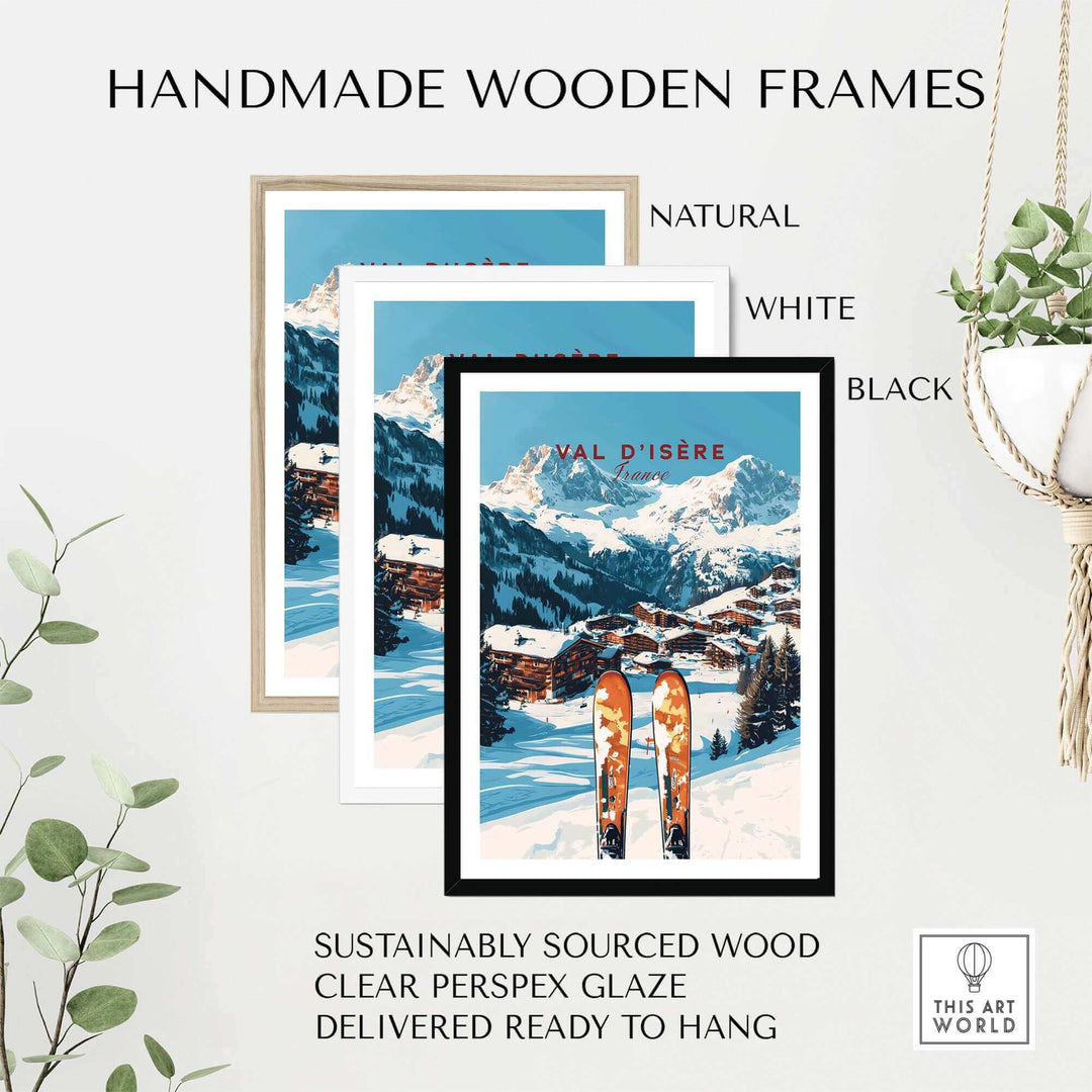 Val-d'Isère ski print in handmade wooden frames, available in natural, white, and black, sustainably sourced and ready to hang.