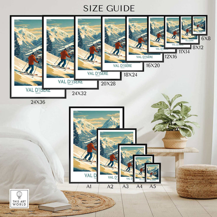 Val-d'Isère wall art ski poster size guide displayed in modern room setting with plant and sofa.