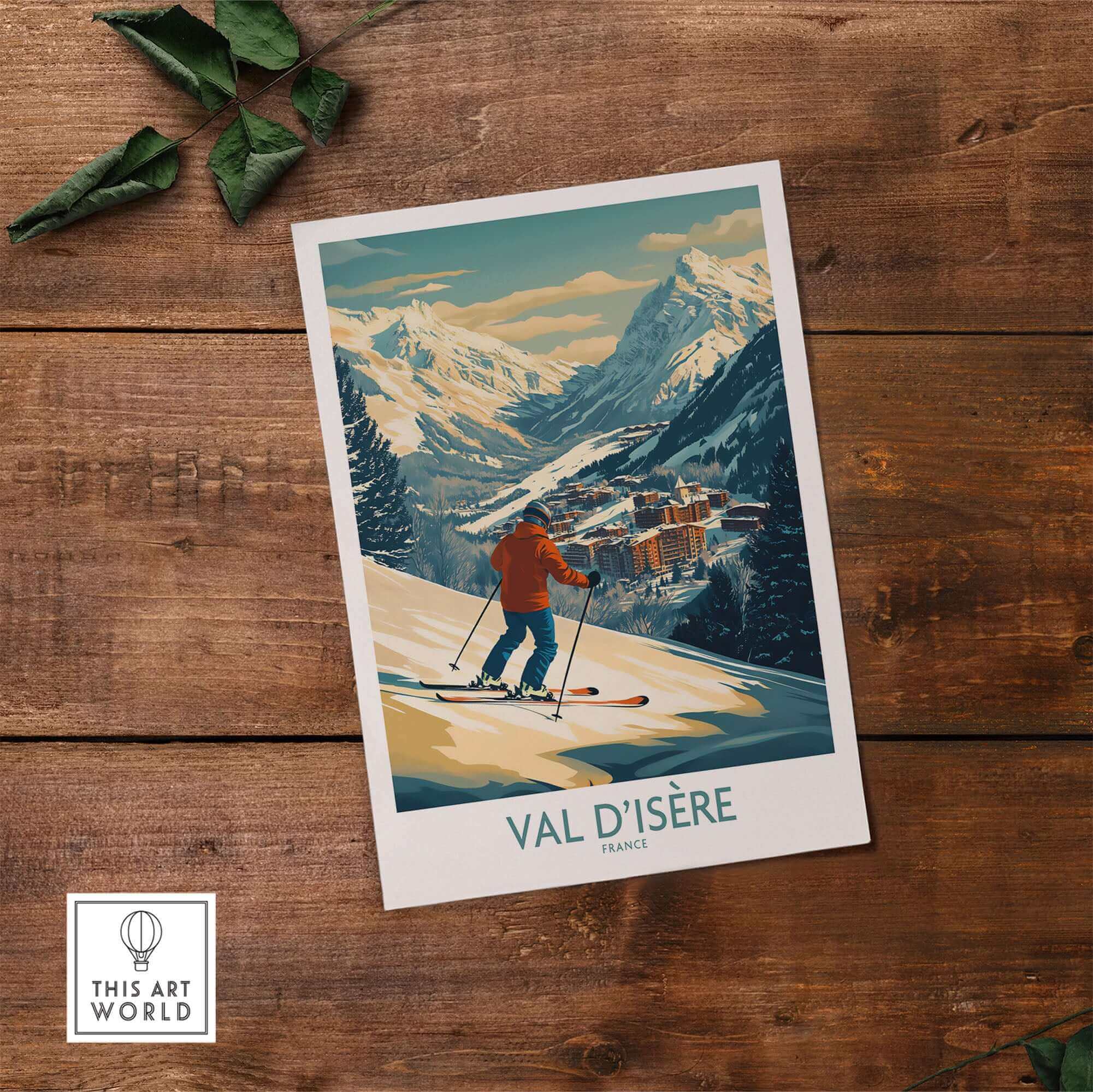 Vintage Val-d'Isère wall art ski poster featuring a skier on snowy slopes with mountain landscape, enhancing rustic decor.