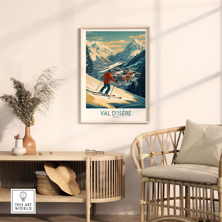 Val-d'Isère wall art ski poster in living room, featuring skier in mountain scene, elegant decor with chair and console table