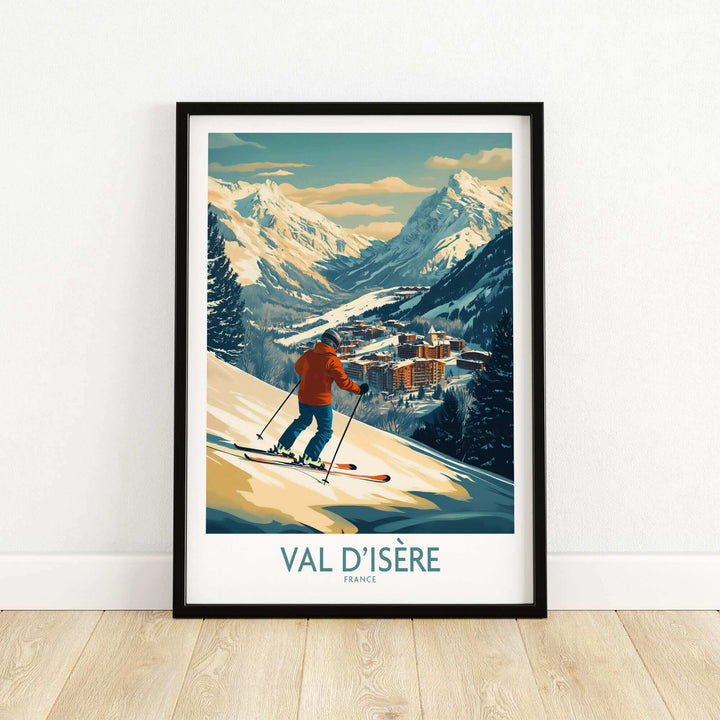 Val-d'Isère wall art ski poster with a skier at a snowy mountain resort, perfect for winter sports enthusiasts and home decor.