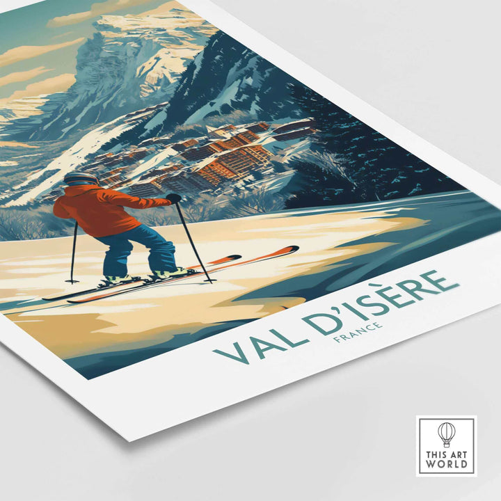 Vintage Val-d'Isère ski poster featuring a skier on snowy slopes with a picturesque mountain and village backdrop.