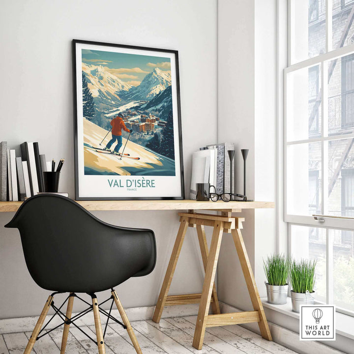 Val-d'Isère ski poster wall art displayed in a modern office with natural light, perfect for ski enthusiasts and home decor.