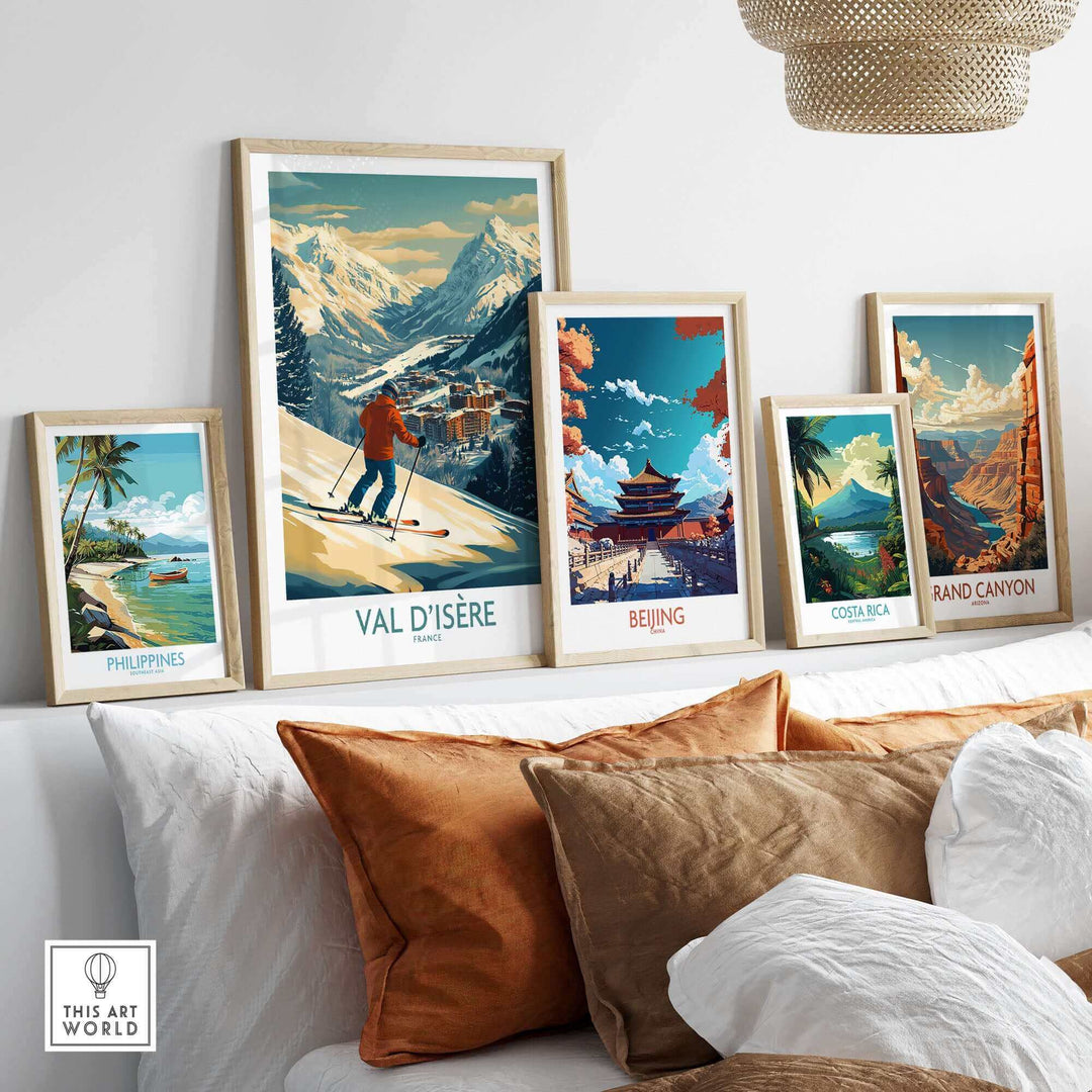 Val-d'Isère wall art ski poster displayed in a modern living room, surrounded by other travel-themed posters, showcasing global destinations.