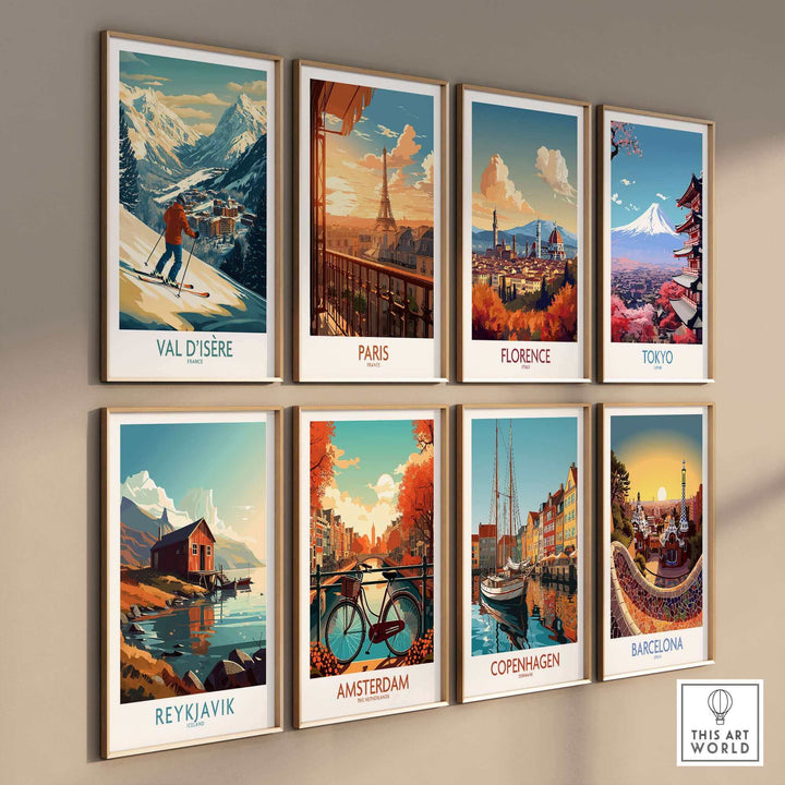 Collection of city-themed wall art posters, featuring Val-d'Isère, Paris, Florence, Tokyo, Reykjavik, Amsterdam, Copenhagen, and Barcelona.