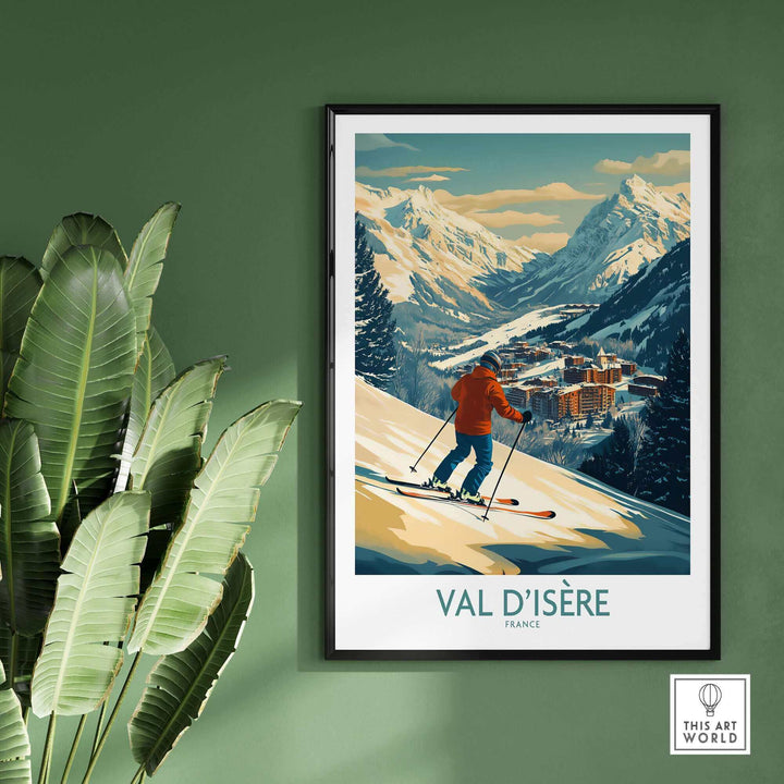 Val-d'Isère wall art ski poster featuring a skier, snowy mountains, and a picturesque village, perfect for winter sports enthusiasts.