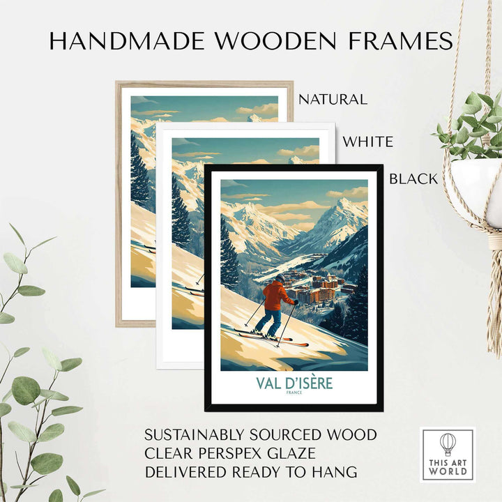 Val-d'Isère ski poster with skier, framed in handmade wooden frames in natural, white, and black. Sustainable wood and ready to hang.