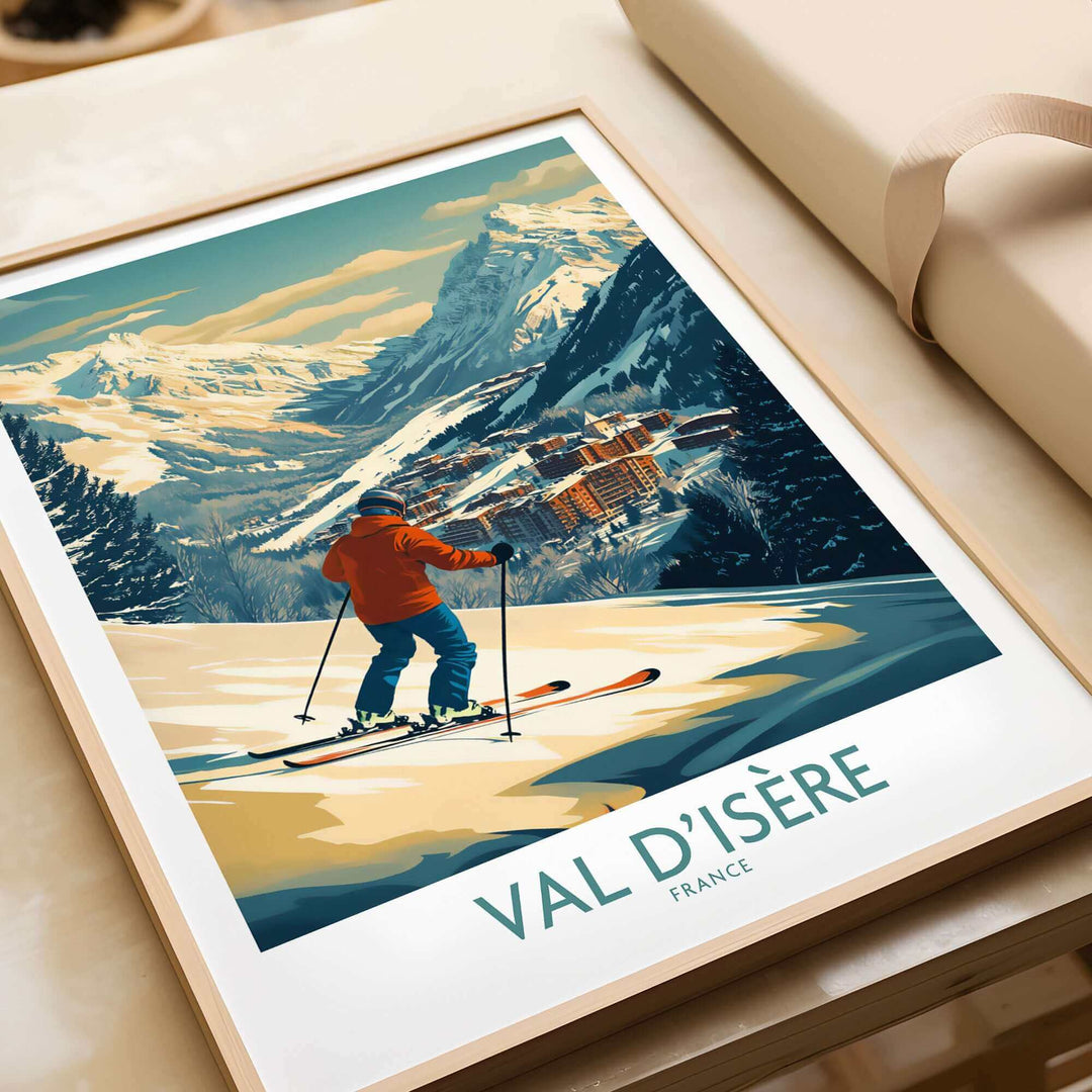 Val-d'Isère wall art ski poster featuring skier with snowy mountain backdrop, perfect for adding winter charm to any space.