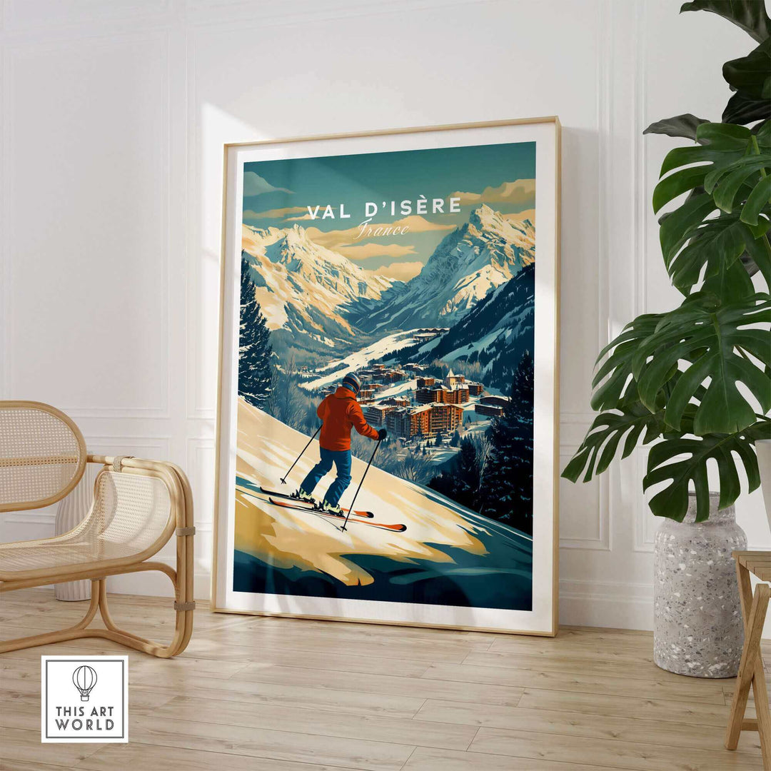 Val-d'Isère ski print wall art featuring skier with mountain and village view, perfect decor for ski enthusiasts and nature lovers.