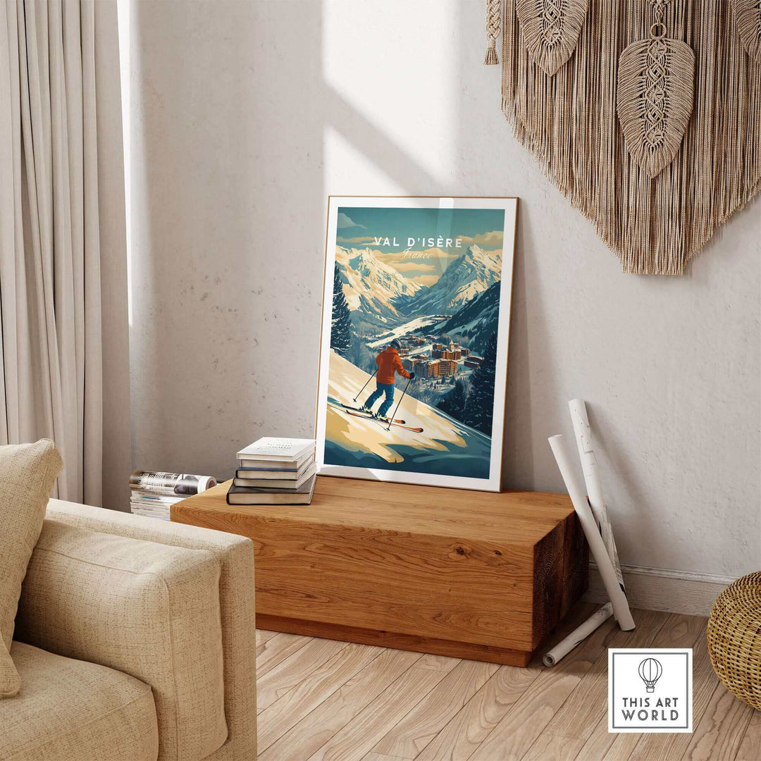 Val-d'Isère wall art ski print in a cozy living room setting, featuring a skier on a snowy mountain with a scenic winter backdrop.