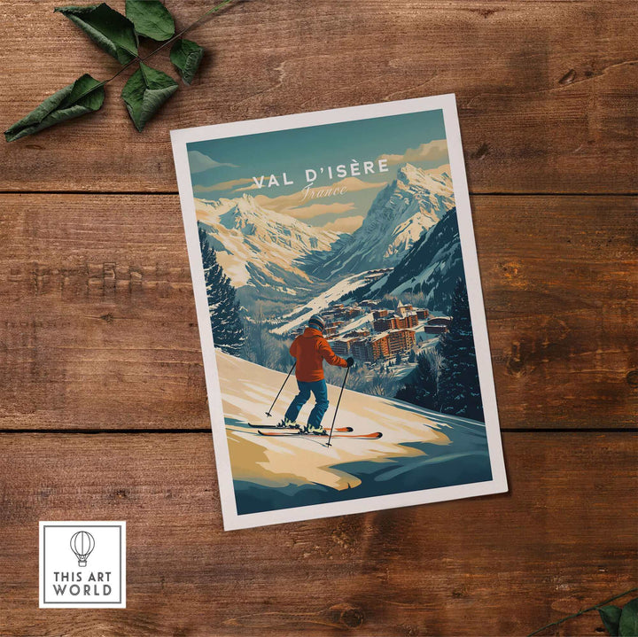 Val-d'Isère ski print wall art featuring a skier on a snowy mountain with a picturesque alpine village in the background.