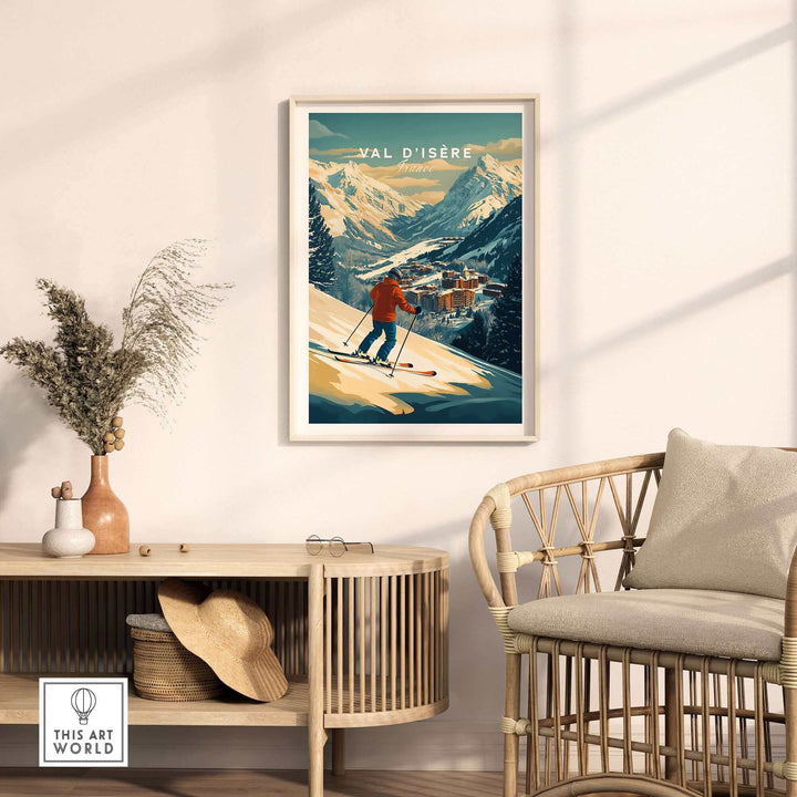 Val-d'Isère wall art ski print in a cozy living room, showcasing mountain scenery and skier, styled with rustic decor.