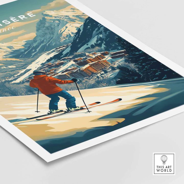 Skier in orange jacket on Val-d'Isère slope with snowy mountain backdrop, featured on a vibrant wall art ski print.