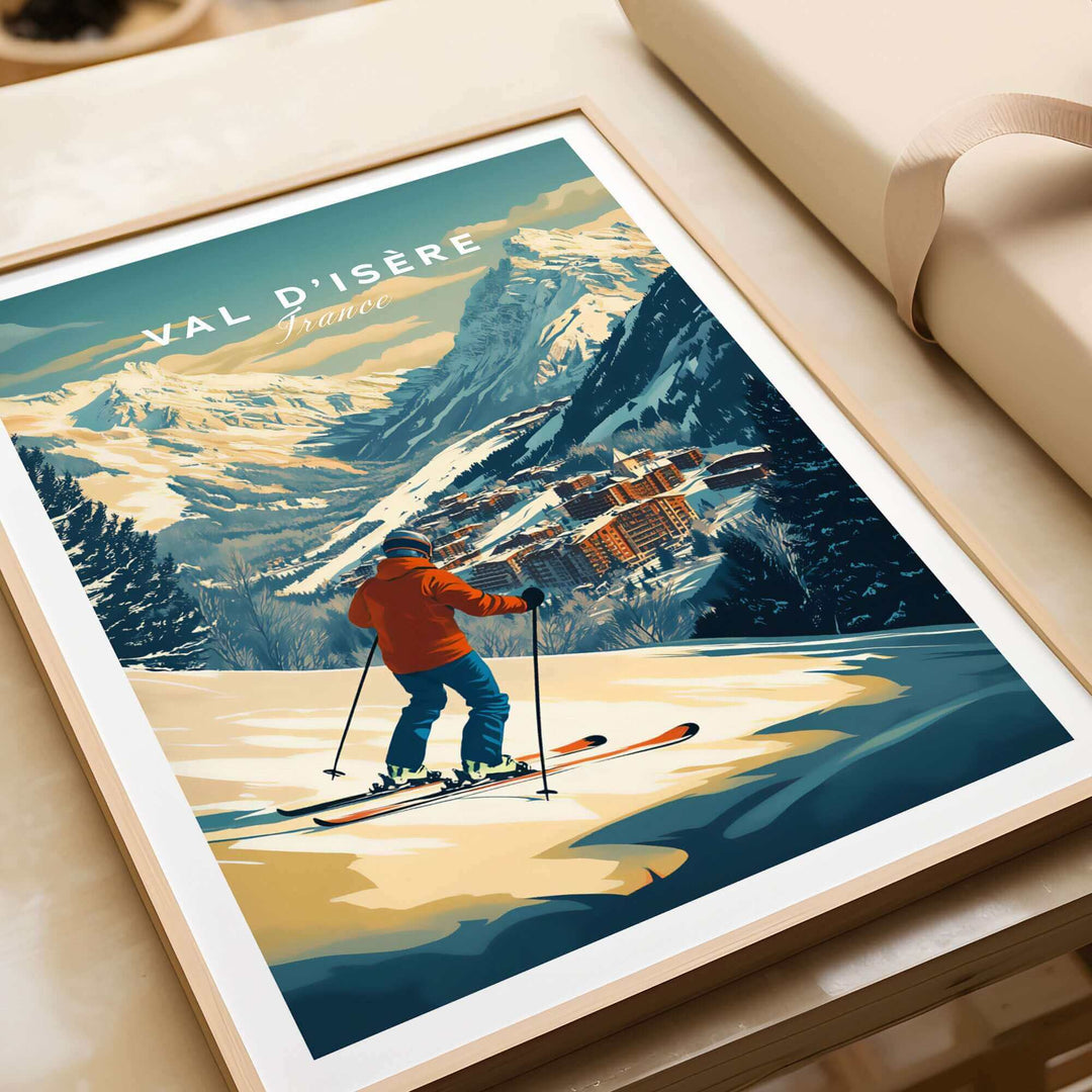 Vintage Val-d'Isère ski print featuring a skier overlooking snowy mountains and a chalet, perfect wall art for winter sports enthusiasts.