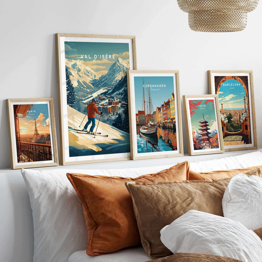 Val-d'Isère ski print wall art in a stylish arrangement with other travel-themed prints, enhancing modern home decor.