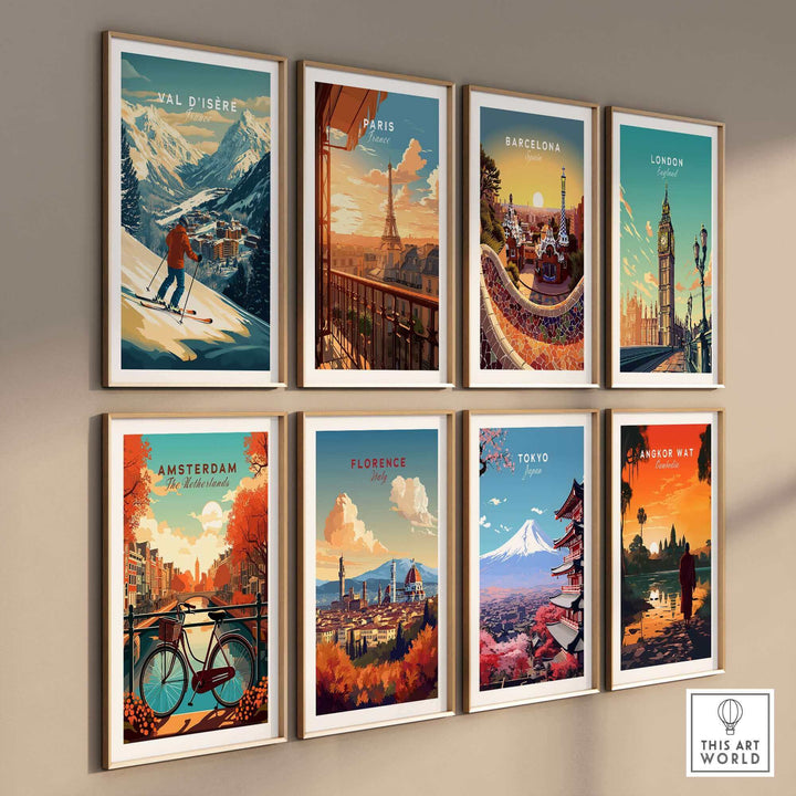 Gallery wall featuring Val-d'Isère ski print and global city art including Paris, Barcelona, London, Amsterdam, Florence, Tokyo, Angkor Wat.