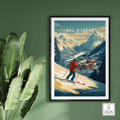 Vintage-style Val-d'Isère ski wall art print featuring skier on mountain landscape, displayed in a modern interior setting.