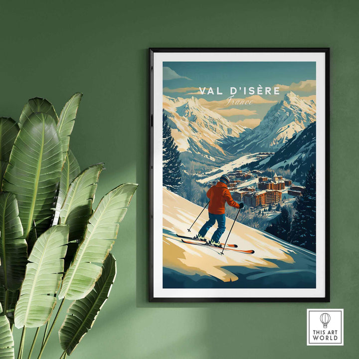 Vintage-style Val-d'Isère ski wall art print featuring skier on mountain landscape, displayed in a modern interior setting.