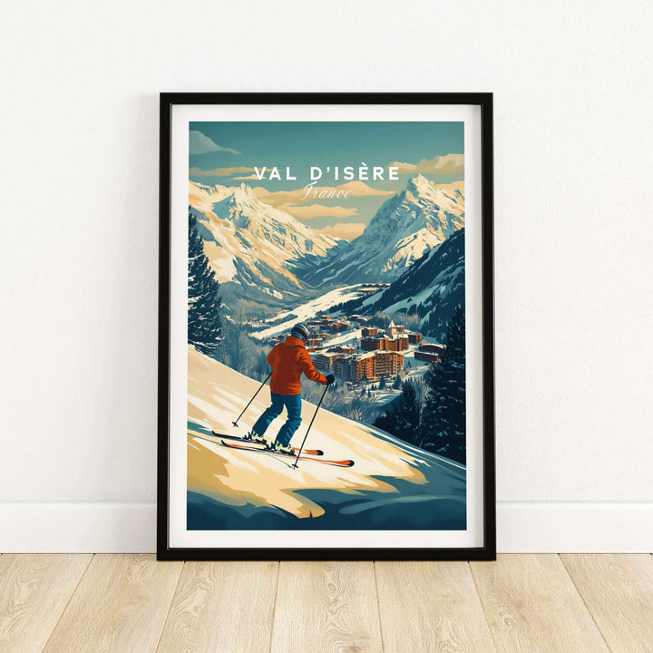 Val-d'Isère wall art ski print featuring a skier overlooking snowy mountains and a village in France. Stylish decor for ski enthusiasts.