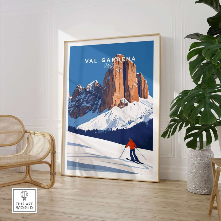 Vintage Val Gardena Italy ski poster with a skier, highlighting snowy mountains and scenic landscape art print displayed in room.