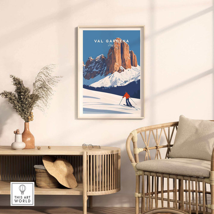 Val Gardena Print Italy Ski Poster in Elegant Room Decor with Natural Lighting