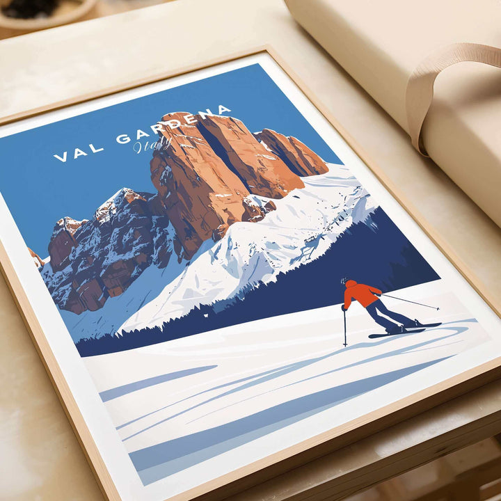 Vintage Val Gardena Italy Ski Poster with Skier and Mountains, Framed Art Print