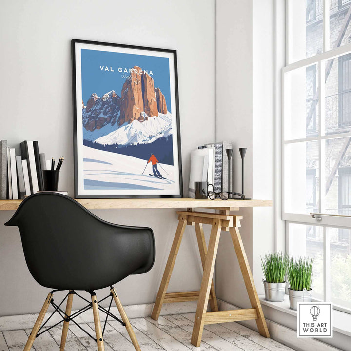 Val Gardena ski poster in modern room setting, showcasing Italy's snowy mountains and skiing scene.