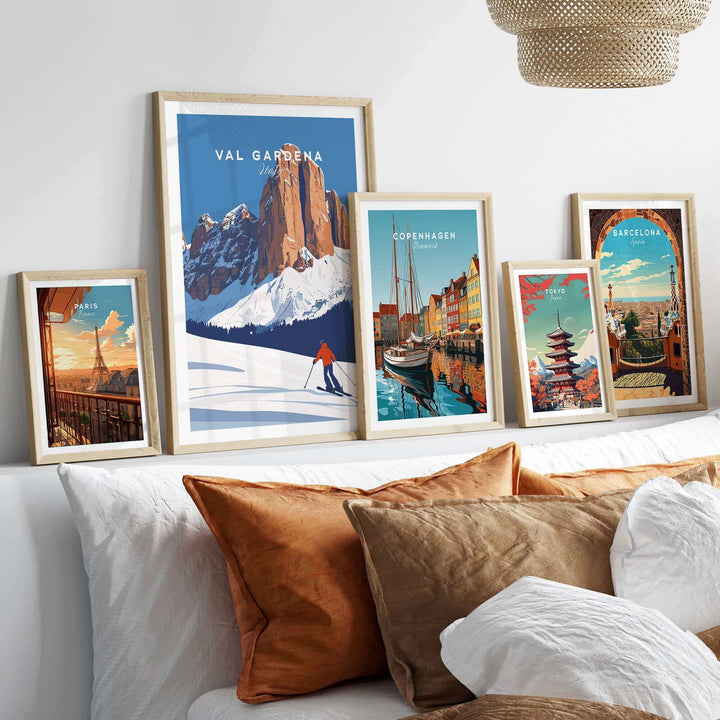 Val Gardena Ski Poster Print Italy displayed in a stylish living room with framed travel art prints from various cities.