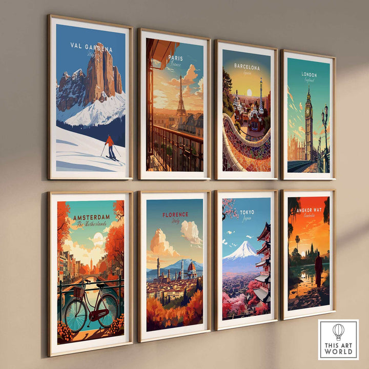 Wall display featuring Val Gardena ski poster print and various travel destination art, including Paris and Tokyo, by This Art World.