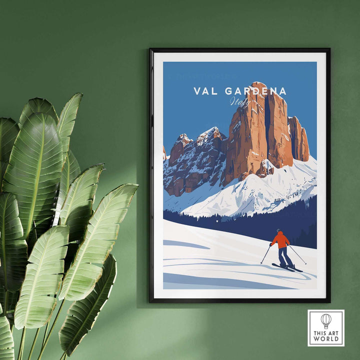 Vintage Val Gardena Italy ski poster featuring a skier on snowy slopes with mountain backdrop, framed and displayed on a green wall.