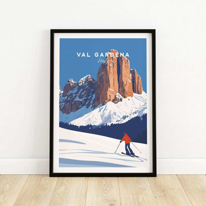 Vintage Val Gardena ski poster featuring a skier in front of majestic Italian mountains. Perfect for winter sports enthusiasts.