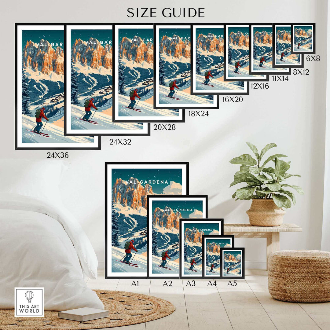 Val Gardena Ski Poster size guide, showcasing different dimensions for wall art, featuring a skier in the Italian Alps.