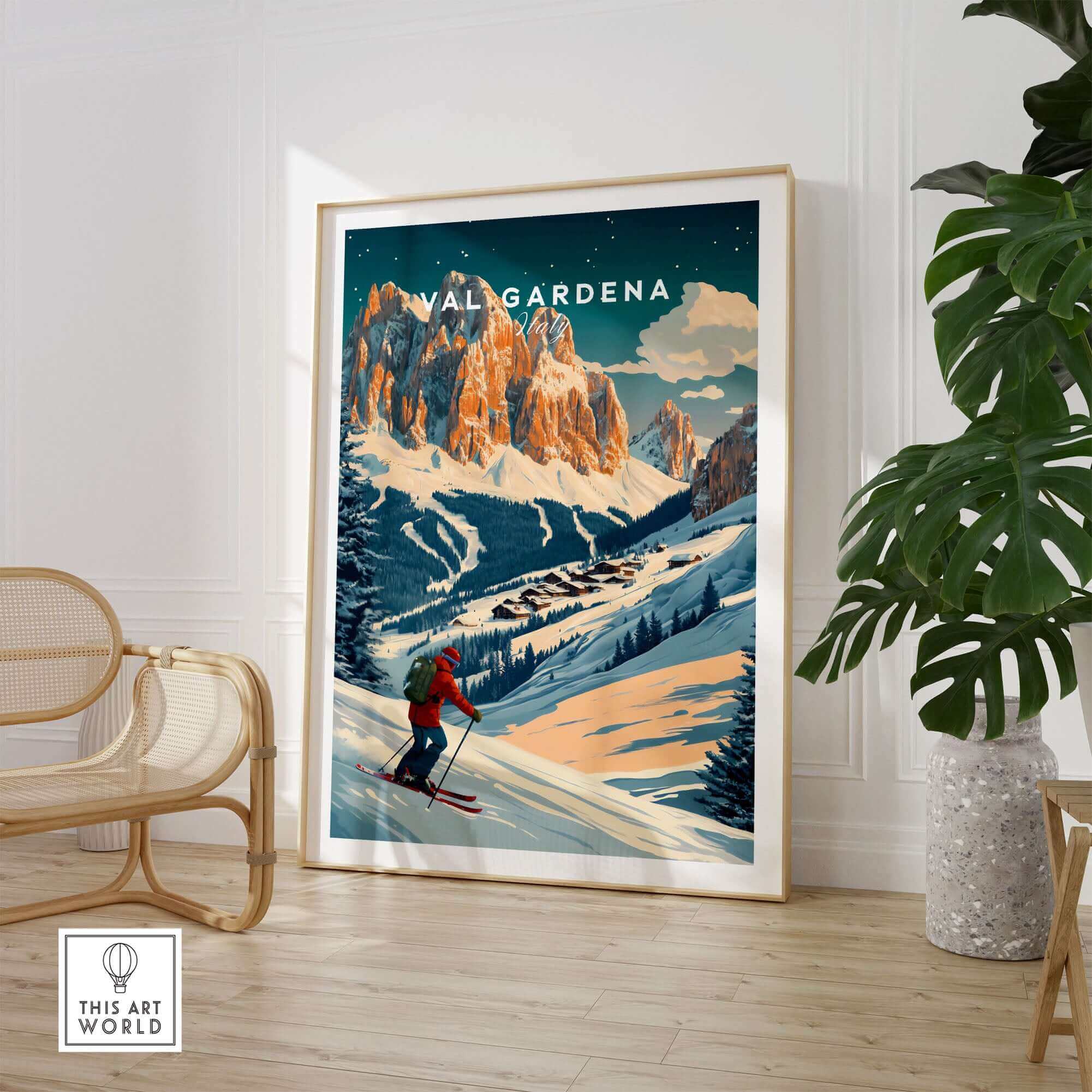 Val Gardena Ski Poster with scenic Italian Alps, showcasing a skier descending a snowy mountain. Perfect for ski enthusiasts.