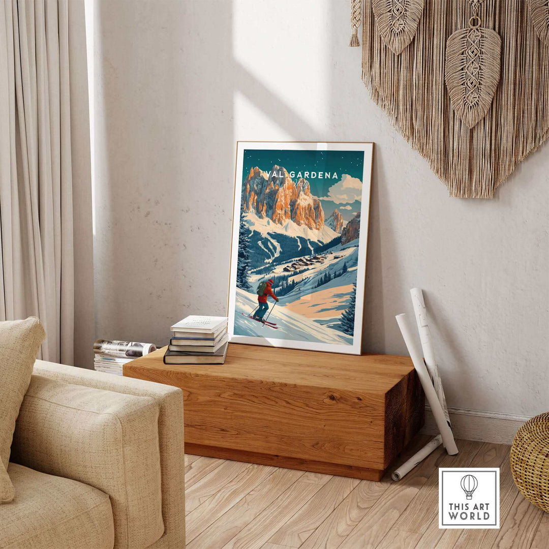 Vintage Val Gardena Ski Poster featuring scenic Italian mountains, displayed in a cozy wooden room setting.