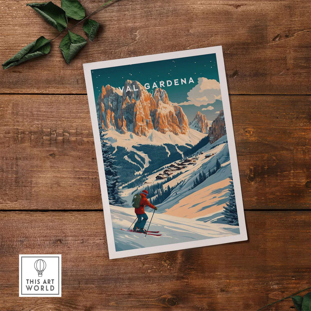 Vintage Val Gardena ski poster showcasing a skier against the scenic Italian Alps background.