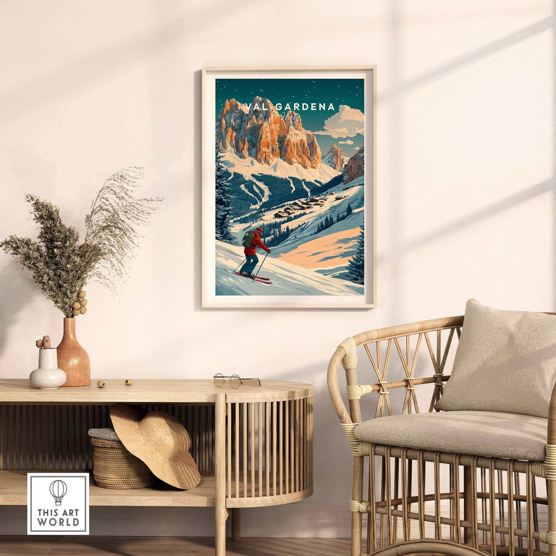 Cozy room showcasing Val Gardena Ski Poster with scenic Italian Alps, ideal wall art for ski enthusiasts and home decor lovers.