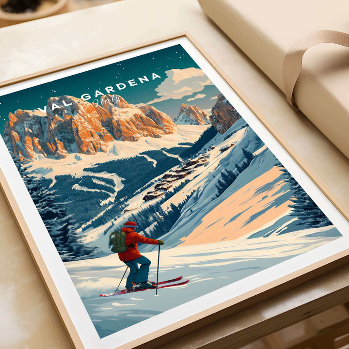 Vintage Val Gardena Ski Poster featuring scenic Italian mountains, snowy slopes, and a skier in action, perfect for ski enthusiasts.