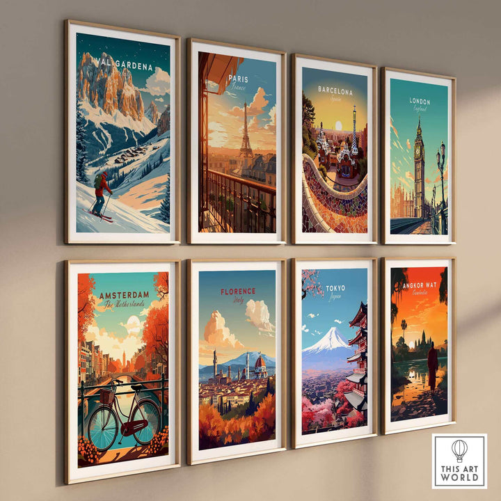 Collection of framed travel posters featuring Val Gardena ski scene and iconic cities like Paris, Barcelona, London, and more.