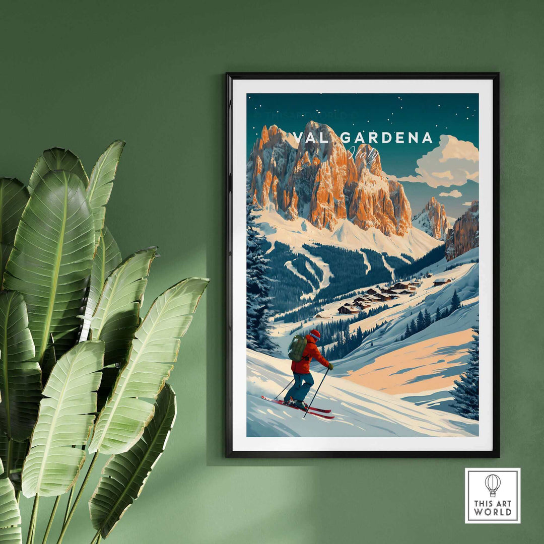 Val Gardena Ski Poster featuring a skier on snowy slopes in Italy, with majestic mountains in the background, framed on a green wall.