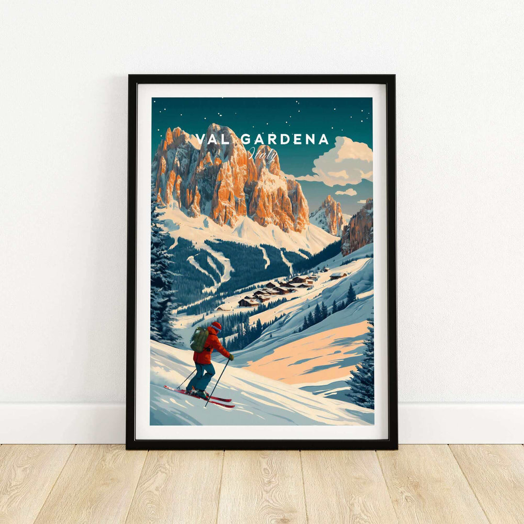 Val Gardena Italy Ski Poster featuring snowy mountains and skier, perfect wall art for winter sports enthusiasts.