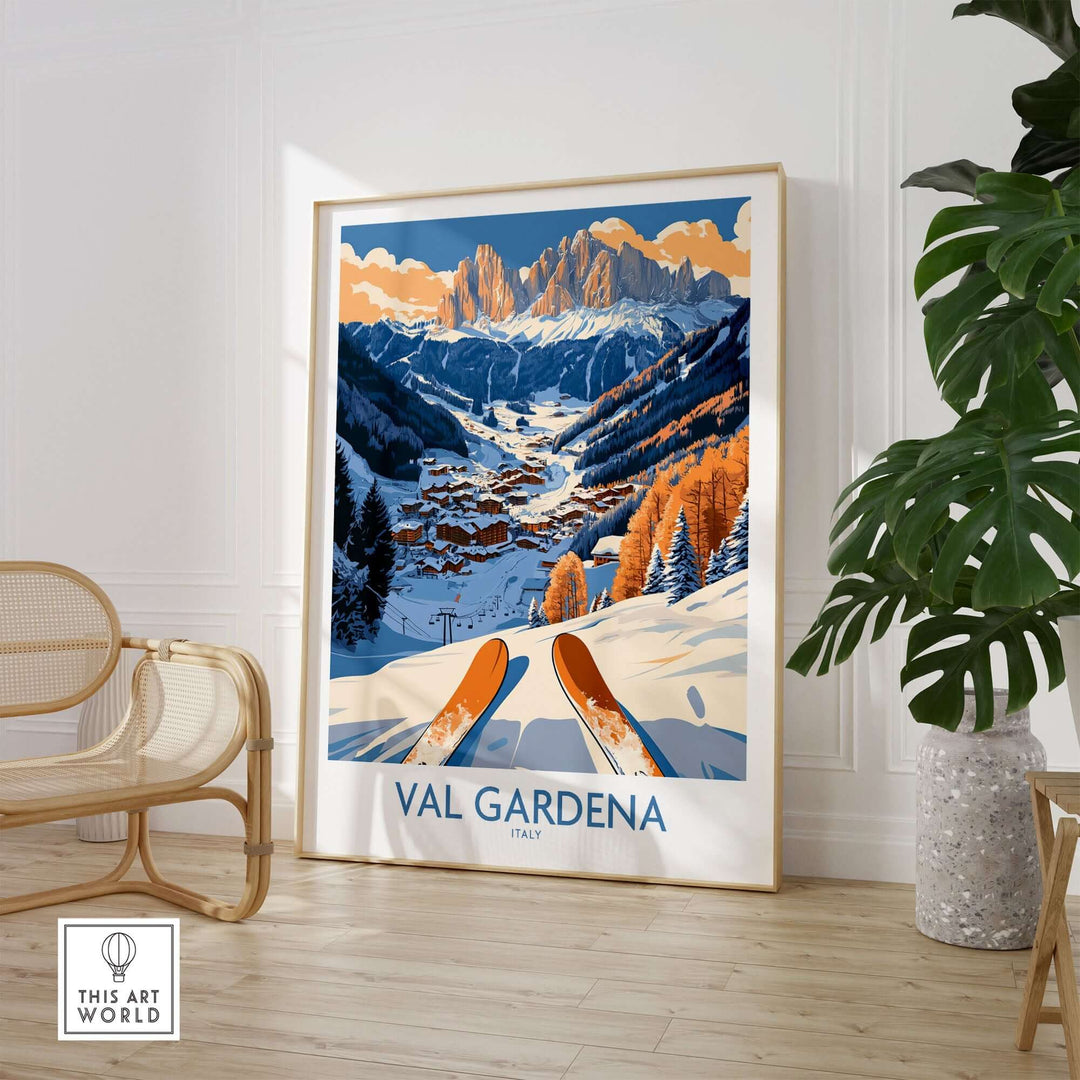 Val Gardena ski print showcasing stunning mountain scenery and vibrant colors, perfect for ski wall art in Italy-inspired decor.