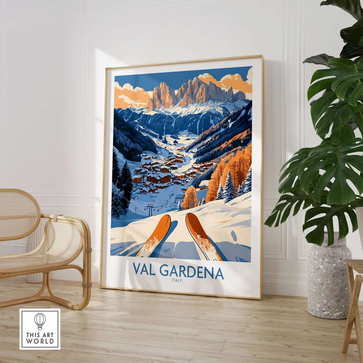 Val Gardena ski print showcasing stunning mountain scenery and vibrant colors, perfect for ski wall art in Italy-inspired decor.