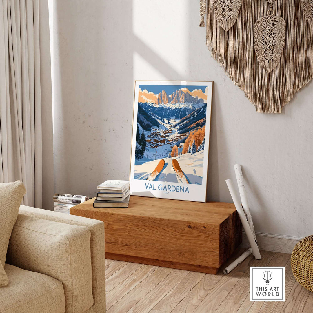 Val Gardena Ski Print showcasing stunning mountain scenery and ski slopes, perfect for home decor inspired by Italy.