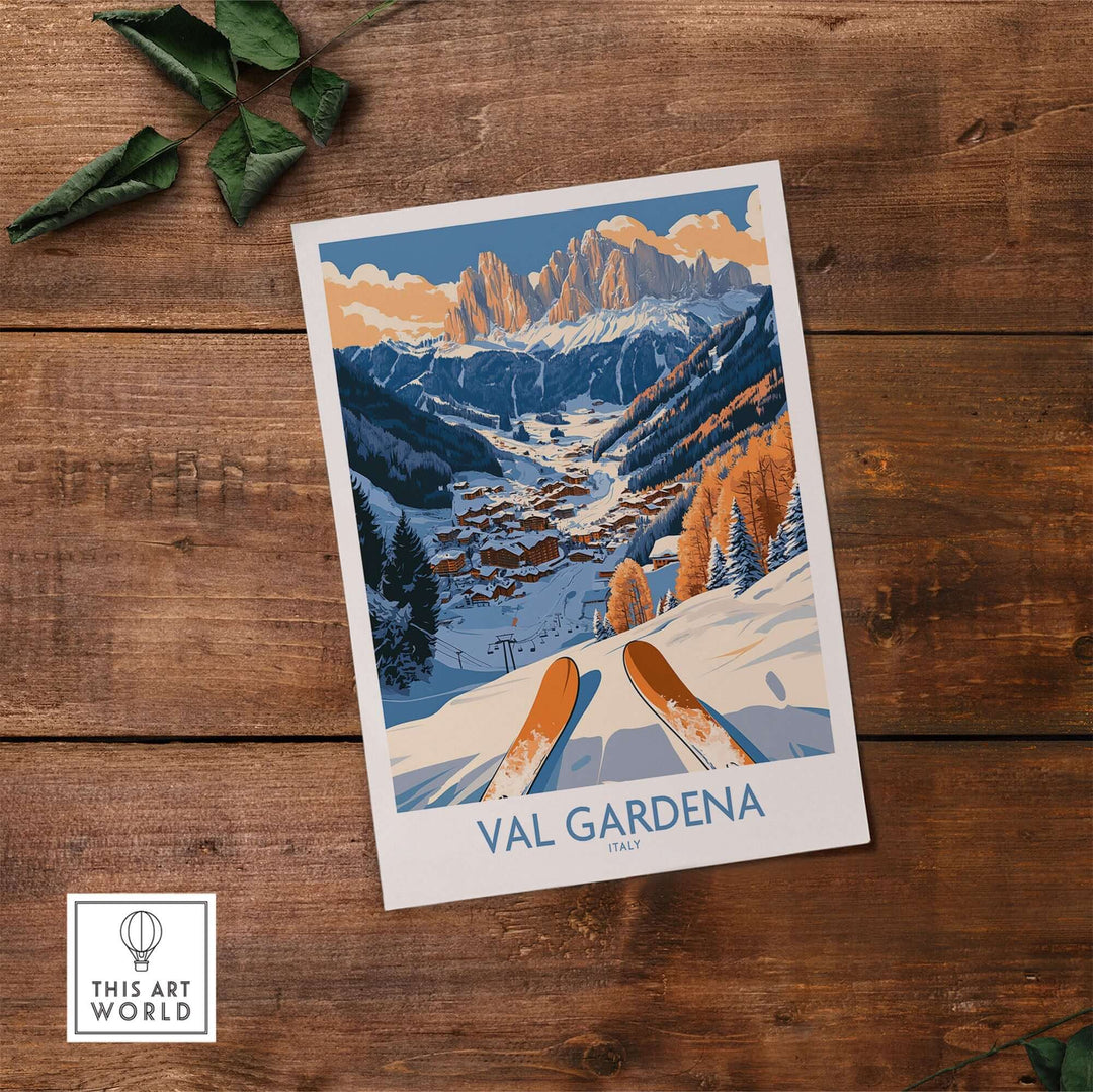 Val Gardena ski print showcasing stunning landscapes and slopes of Italy, perfect for ski wall art enthusiasts.